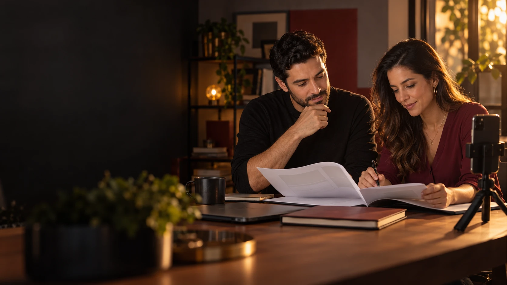 Duas pessoas estudam um guia e anotam ideias para uma gravação